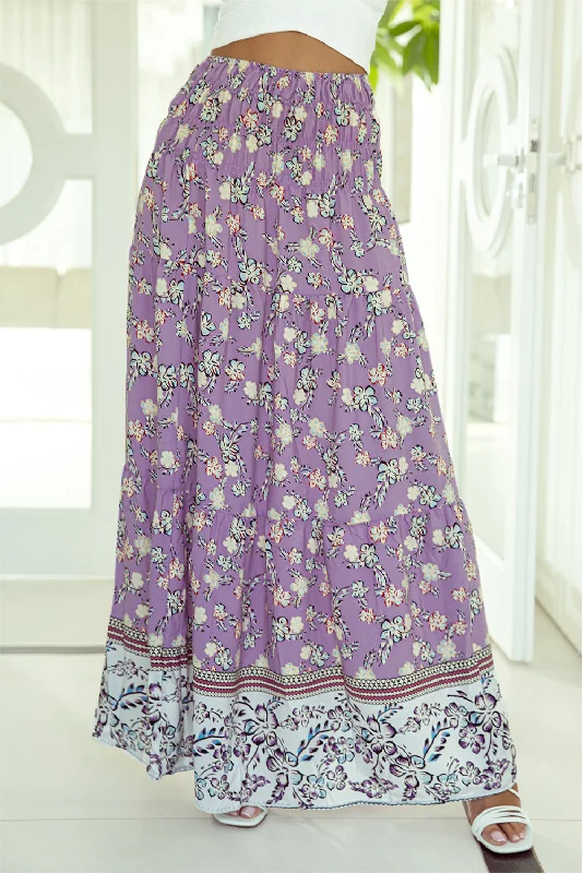 Blue Zone Planet |  Purple Floral Print Shirred High Waist Maxi Skirt casual skirt length