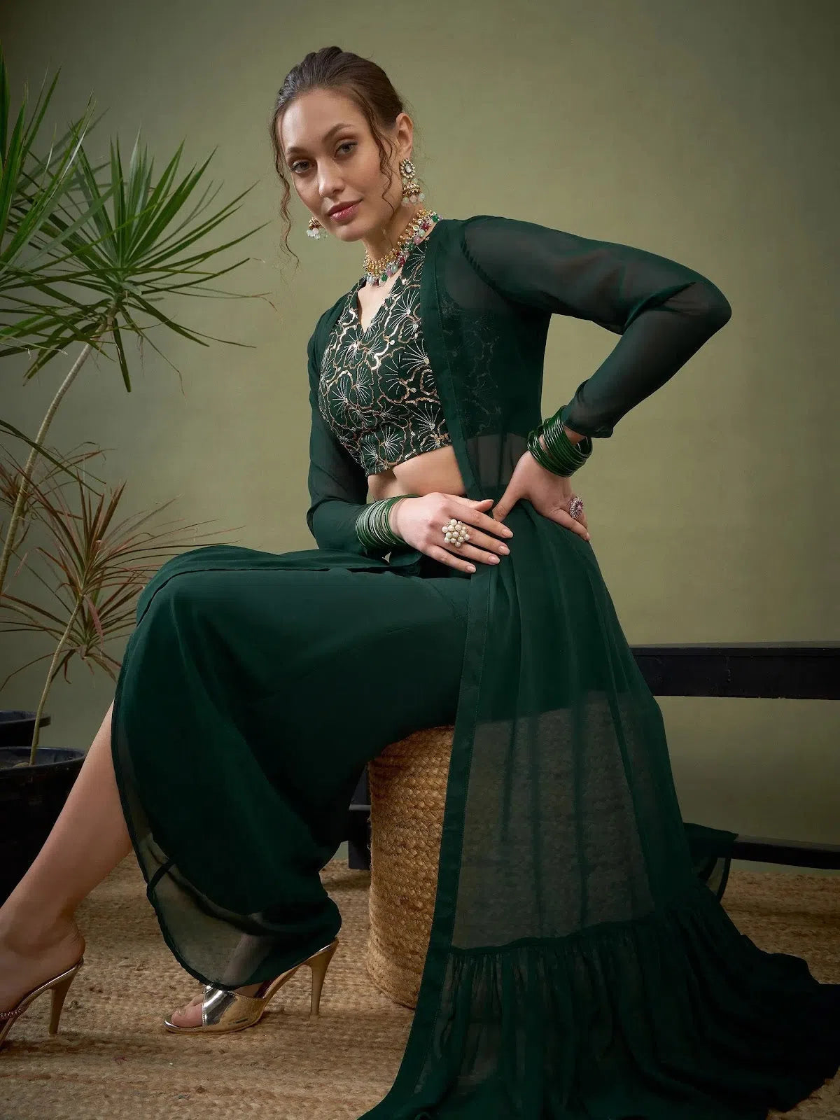 Women Emerald Green Crop Top With Dhoti Skirt & Shrug Casual Formal Business