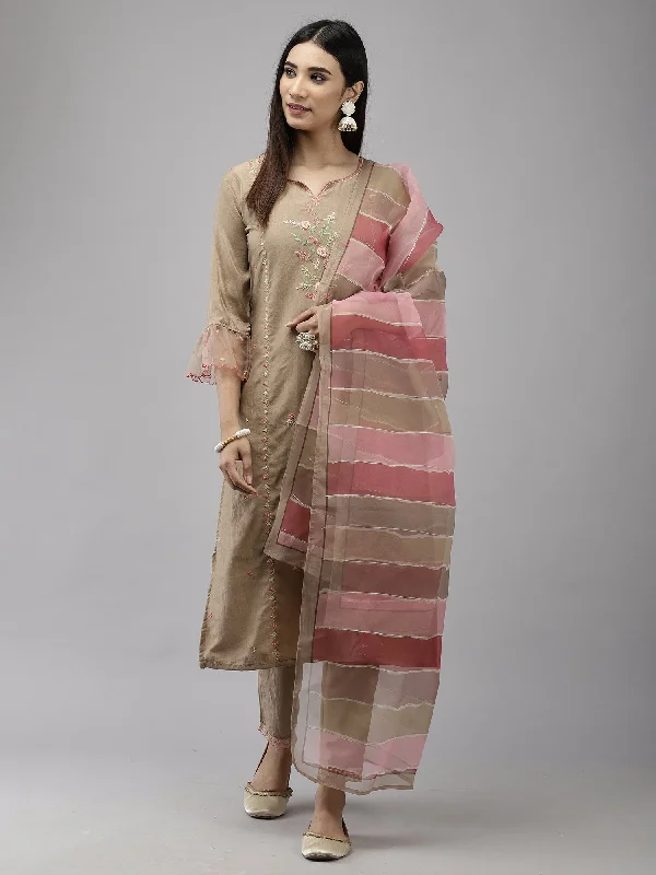 Women's Beige Embroidered Straight Kurta Trouser With Dupatta Set - Indo Era Trousers Custom Made Women's Beige Embroidered Straight Kurta Trouser With Dupatta Set - Indo Era Trousers Custom Made
