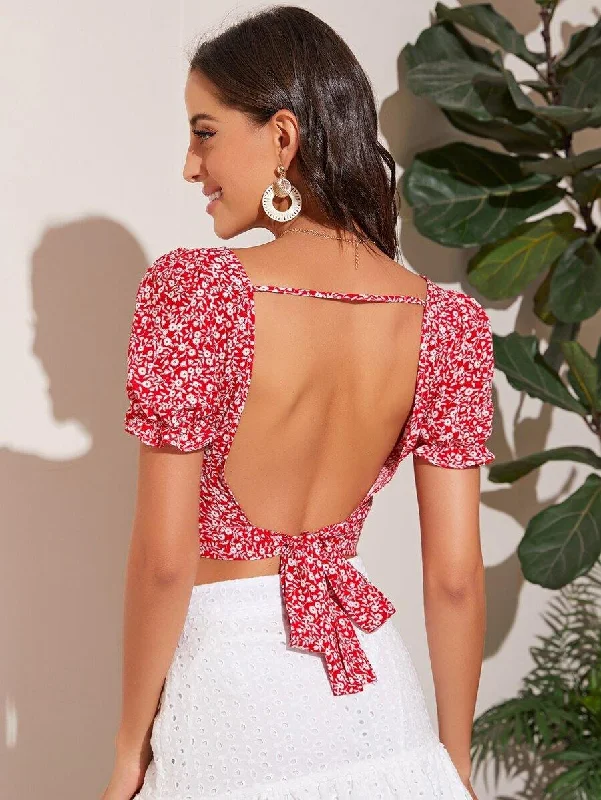 Tied Open Back Puff Sleeve Ditsy Floral Crop Top Notch Collar Peter Pan Collar Cowl Neck