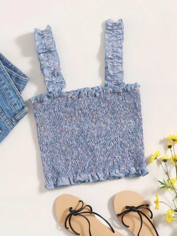 Ditsy Floral Ruffle Strap Shirred Crop Top Mesh Canvas Denim