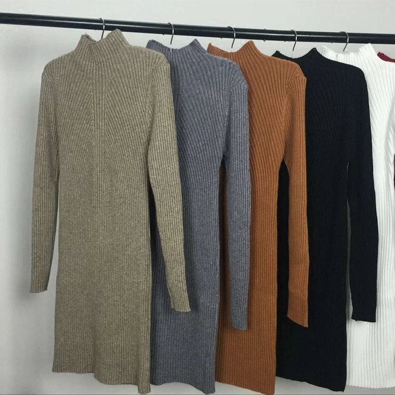 Autumn Winter Women Dress Slim S-Line Medium Style Knitted Dress Basic Solid Half Turtleneck Black Sweater Dress Casual Formal Business