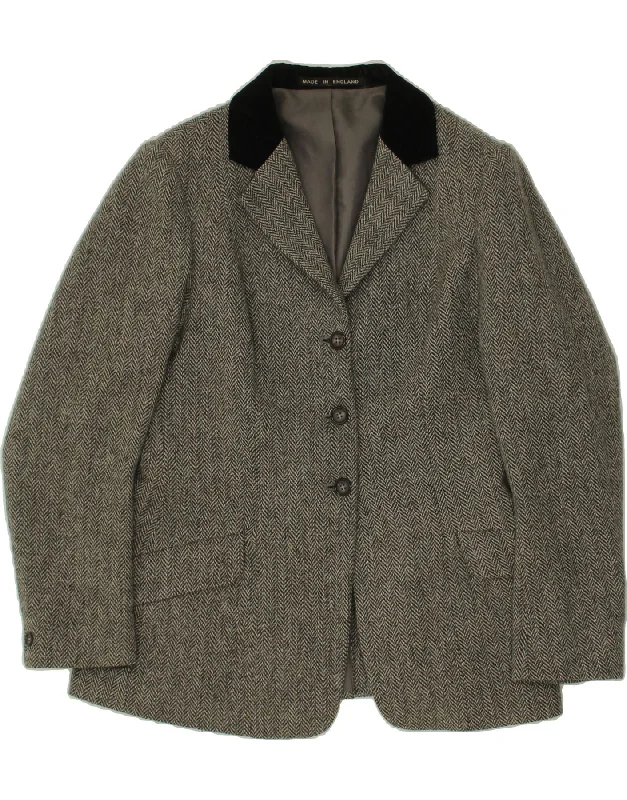 VINTAGE Womens 3 Button Blazer Jacket UK 12 Medium Grey Herringbone Tailored Jacket Straight Jacket A-Line Jacket