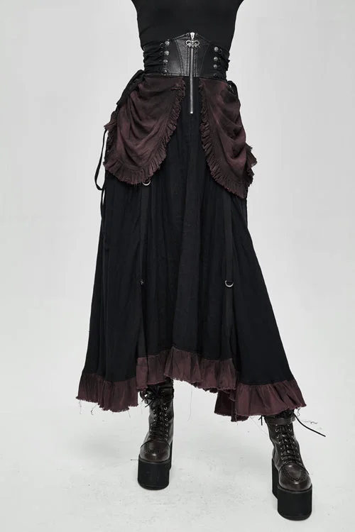 Burgundy Printed Drawstring Steampunk Womens Half Skirt linen skirt airy