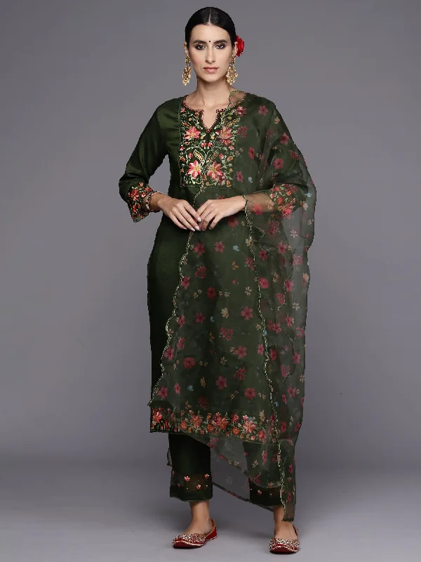 Women's Green Embroidered Straight Kurta Trousers With Dupatta Set - Indo Era Trousers Flared Retro