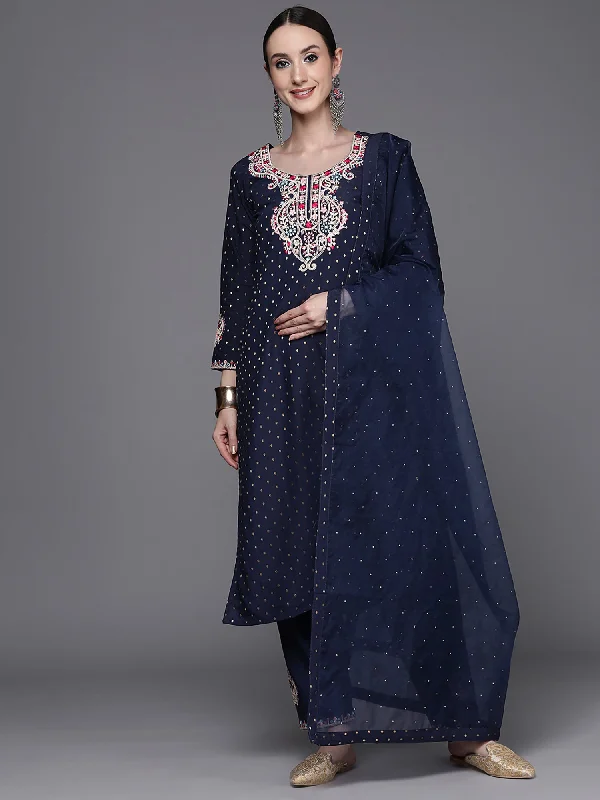 Women's Blue Embroidered Straight Kurta Trousers With Dupatta Set - Indo Era Trousers Capri Summer