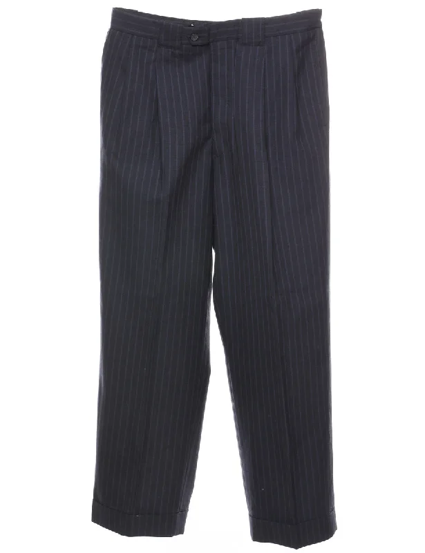 Navy & White Pinstriped Pleated Trousers - W35 L30 Trousers Review Highly