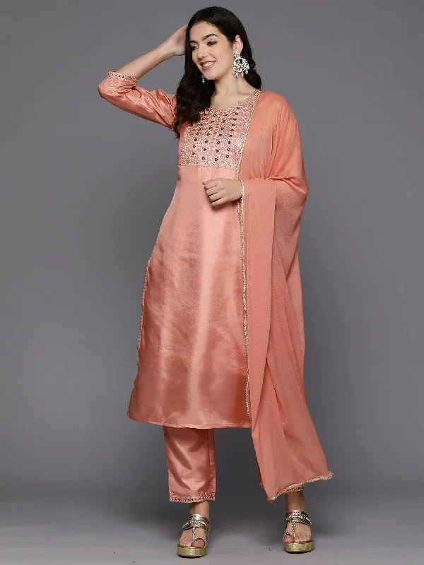 Women's Peach Embroidered Straight Kurta Trousers With Dupatta Set - Indo Era Trousers trendy modern