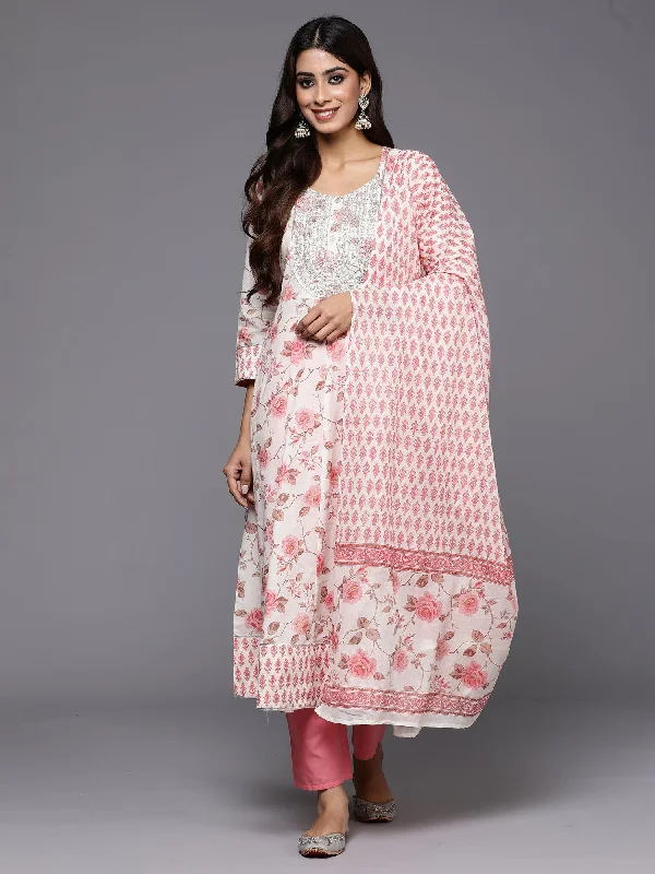 Women's Off White Embroidered A-Line Kurta Trousers With Dupatta Set - Indo Era Trousers Print Floral