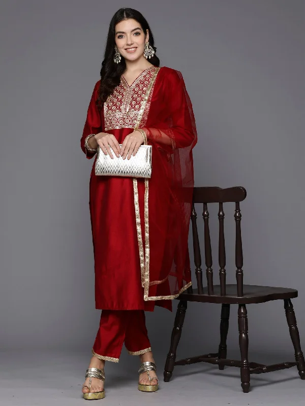 Women's Red Embroidered Straight Kurta Trousers With Dupatta Set - Indo Era Trousers Timeless Classic