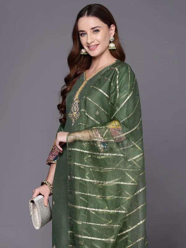 Women's Green Embroidered Straight Kurta Trousers With Dupatta Set - Indo Era Trousers sophisticated sleek