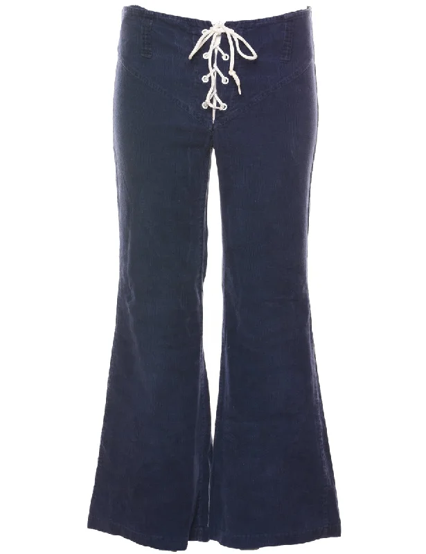 Navy & White Flared Corduroy Corset Detail Trousers - W30 L28 Trousers Top Rated