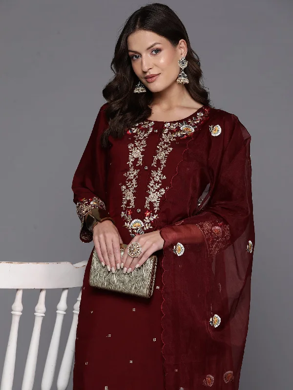 Women's Maroon Embroidered Straight Kurta Trousers With Dupatta Set - Indo Era Chinos Cotton Straight Leg