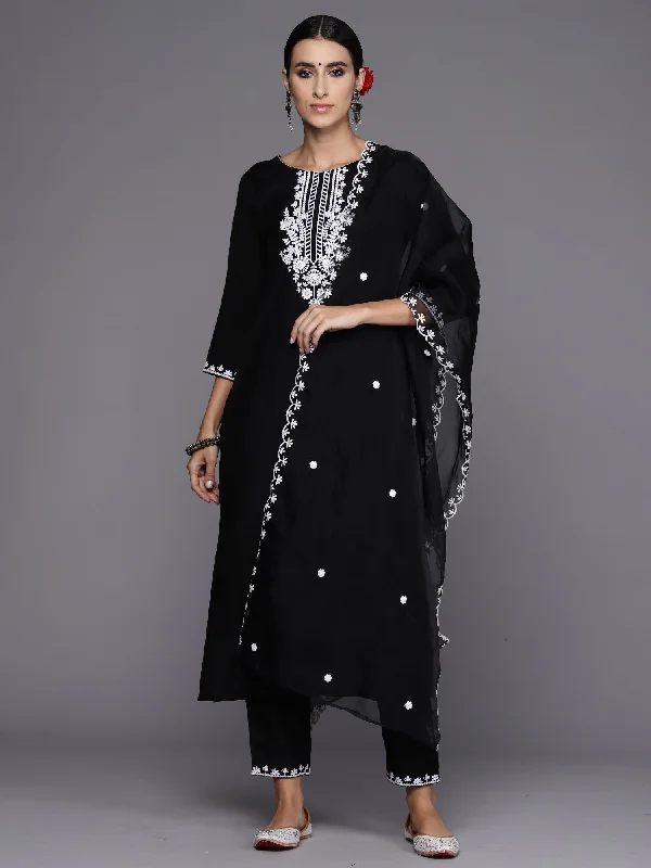 Women's Black Embroidered Straight Kurta Trousers With Dupatta Set - Indo Era Trousers Sale Discount