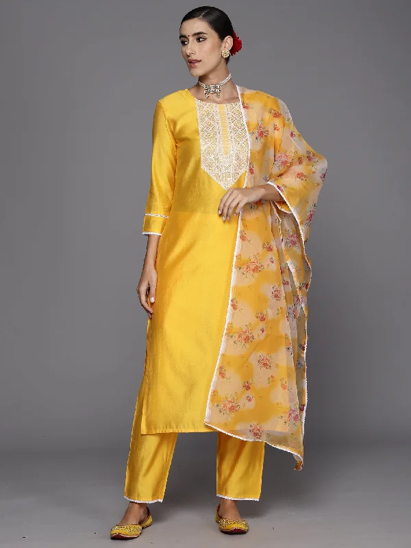 Women's Yellow Embroidered Straight Kurta Trousers With Dupatta Set - Indo Era Trousers Bootcut Casual