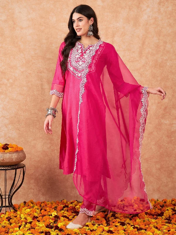 Women's Pink Embroidered Straight Kurta Trousers With Dupatta Set - Indo Era Trousers Handmade Artisanal