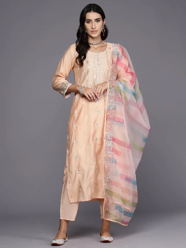 Women's Peach Embroidered Straight Kurta Trousers With Dupatta Set - Indo Era Trousers Striped Patterned