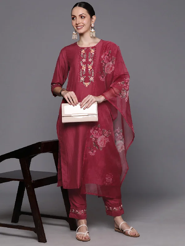 Women's Maroon Embroidered Straight Kurta Trousers With Dupatta  Set - Indo Era Trousers Palazzo Wide Leg