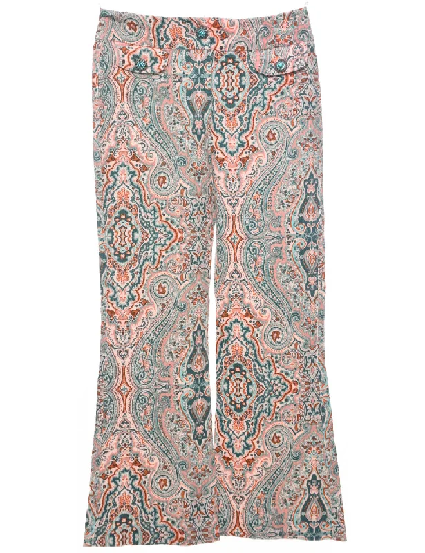 Paisley Pattern Trousers - W30 L31 Wide Leg Loose Fit Mid Waist