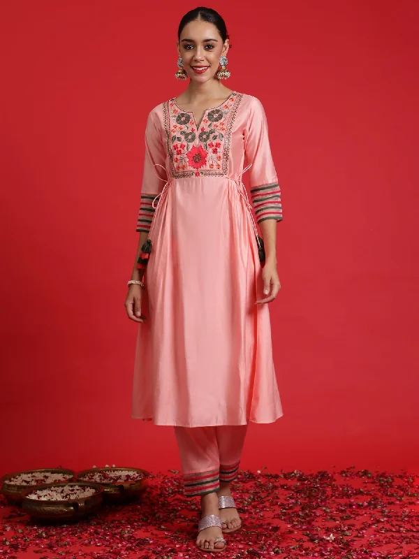 Women's Pink Embroidered A-Line Kurta Trousers Set - Indo Era Trousers Favorite Customer