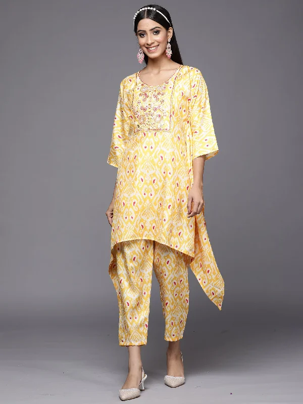 Women's Kesariya Yellow Printed A-Line Kaftan With Trouser Set - Indo Era Trousers fashionable trendy