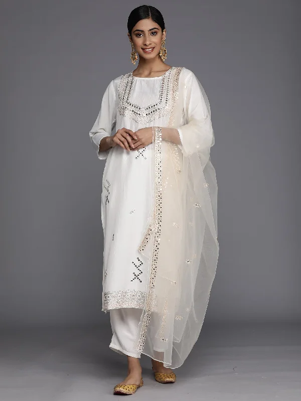 Women's White Embroidered Straight Kurta Trousers With Dupatta Set - Indo Era Trousers chic elegant