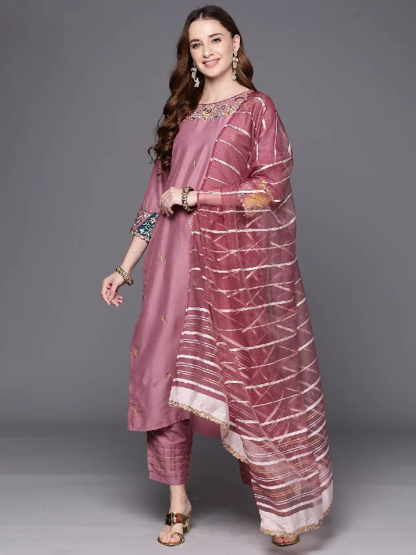 Women's Mauve Embroidered Straight Kurta Trousers With Dupatta Set - Indo Era Trousers cozy soft