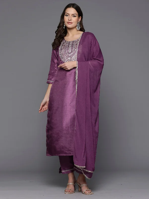 Women's Lavender Embroidered Straight Kurta Trousers With Dupatta Set - Indo Era Trousers chic fashionable