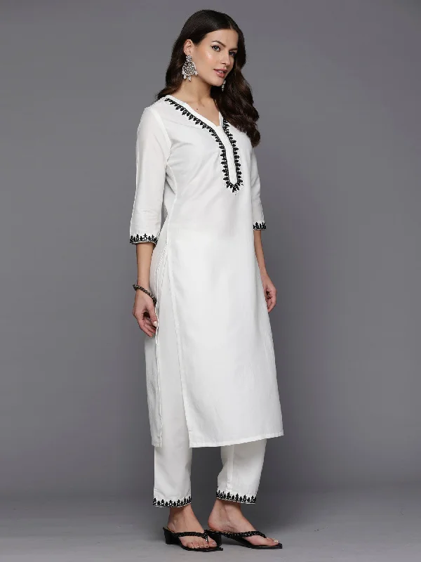 Women's White Embroidered Straight Kurta Trousers With Dupatta Set - Indo Era Trousers Versatile Stylish