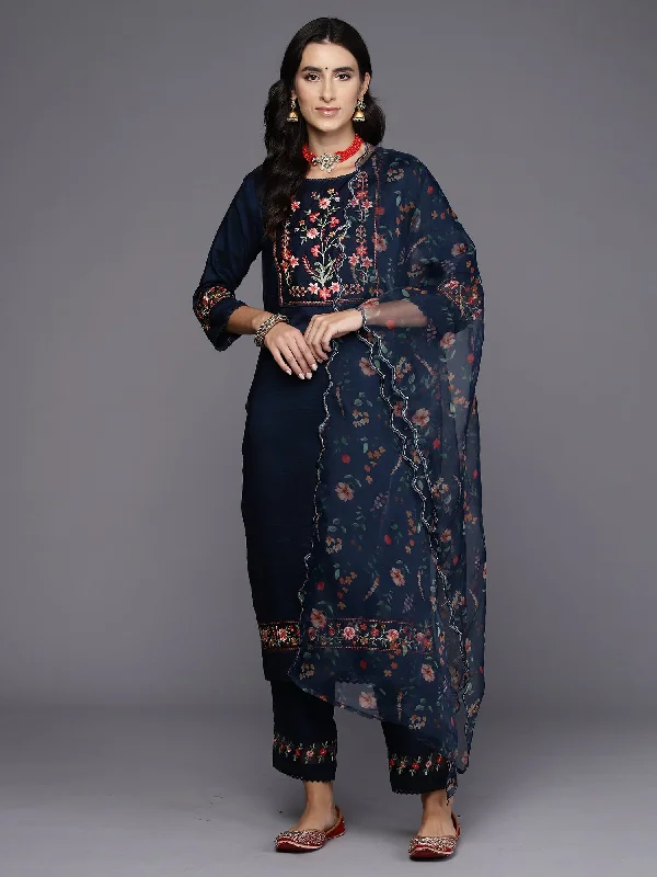 Women's Blue Embroidered Straight Kurta Trousers With Dupatta Set - Indo Era Trousers Low Rise Relaxed