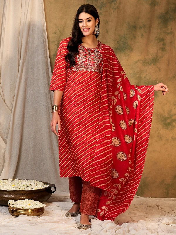 Women's Red Printed Straight Kurta Trousers With Dupatta Set - Indo Era Trousers cozy comfortable