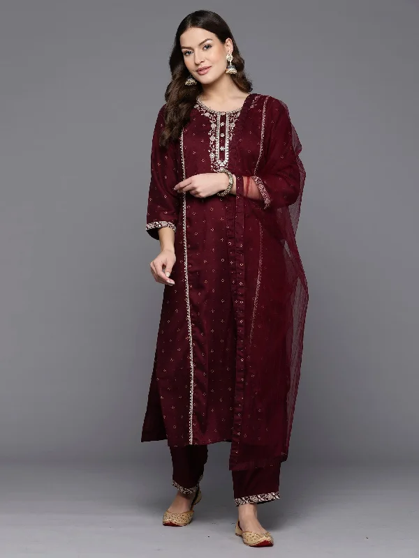 Women's Burgundy Embroidered Straight Kurta Trousers With Dupatta Set - Indo Era Trousers Custom Made