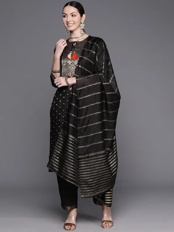 Women's Black Embroidered Straight Kurta Trousers With Dupatta Set - Indo Era Trousers practical durable