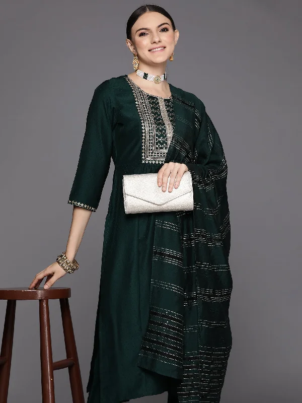 Women's Green Embroidered A-Line Kurta Trousers With Dupatta Set - Indo Era Trousers versatile functional