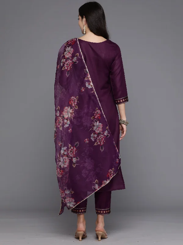 Women's Purple Yoke Design Straight Kurta Trousers With Dupatta Set - Indo Era Trousers sophisticated sleek