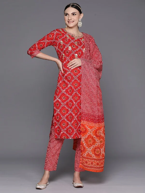 Women's Red Printed Straight Kurta Trousers With Dupatta Set - Indo Era Trousers fashionable chic