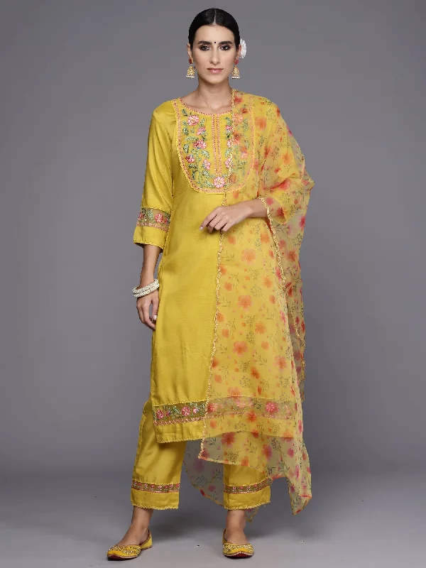 Women's Yellow Embroidered Straight Kurta Trousers With Dupatta Set - Indo Era Trousers High Rise Slim Fit