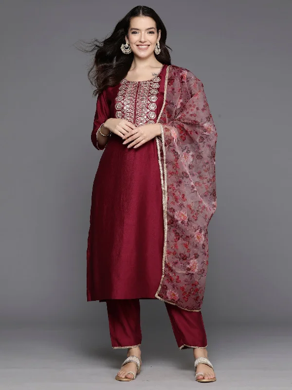 Women's Burgundy Embroidered Straight Kurta Trousers With Dupatta Set - Indo Era Trousers Top Rated