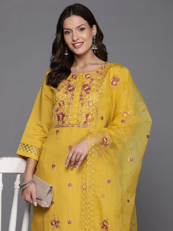 Women's Yellow Embroidered Straight Kurta Trousers With Dupatta Set - Indo Era High Waist Slim Fit Ankle Length