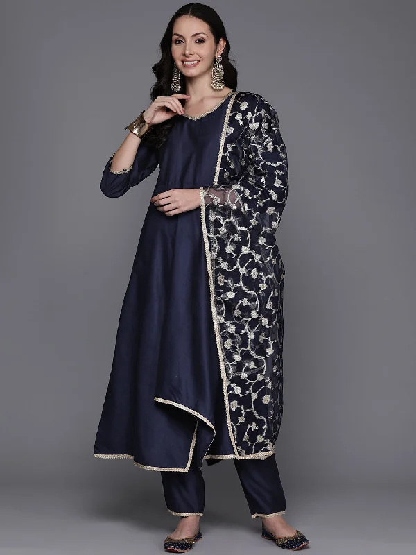 Women's Navy Blue Solid A-Line Kurta Trousers With Dupatta Set - Indo Era Trousers versatile all-occasion