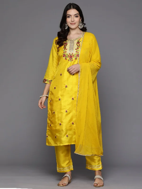 Women's Yellow Embroidered Straight Kurta Trousers With Dupatta Set - Indo Era Trousers Essential Wardrobe