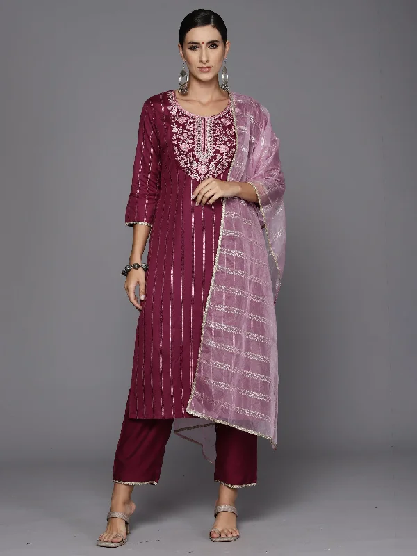 Women's Burgundy Embroidered Straight Kurta Trousers With Dupatta Set - Indo Era Wide Leg Loose Fit Mid Waist