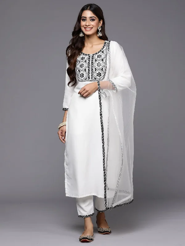 Women's White Embroidered Straight Kurta Trousers With Dupatta Set - Indo Era Trousers Review Highly