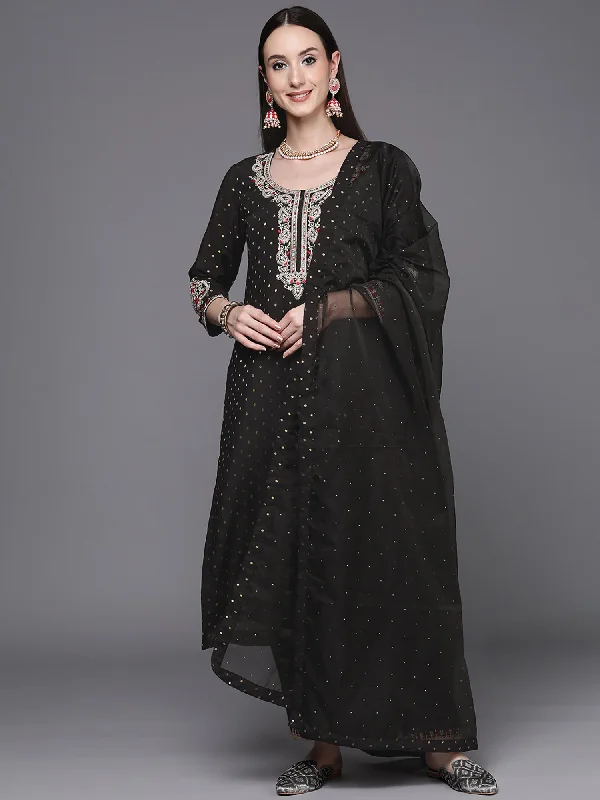 Women's Black Embroidered Straight Kurta Trousers With Dupatta Set - Indo Era Trousers Culottes Wide Leg