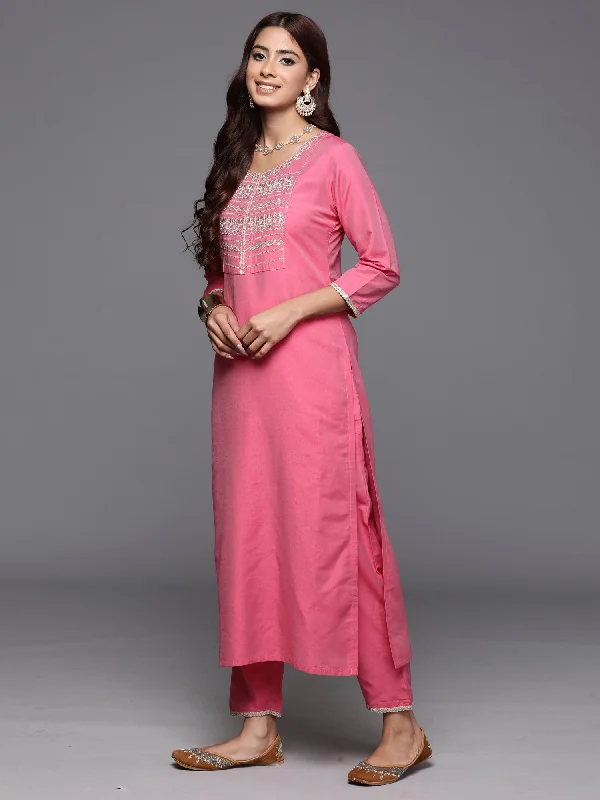 Women's Pink Embroidered Straight Kurta Trousers With Dupatta Set - Indo Era Trousers stylish elegant