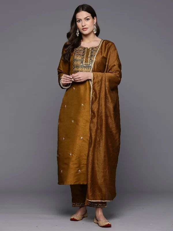 Women's Mustard Embroidered Straight Kurta Trousers With Dupatta Set - Indo Era Trousers Recommended Stylist