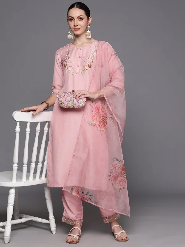 Women's Pink Embroidered Straight Kurta Trousers With Dupatta  Set - Indo Era Trousers Cargo Utility