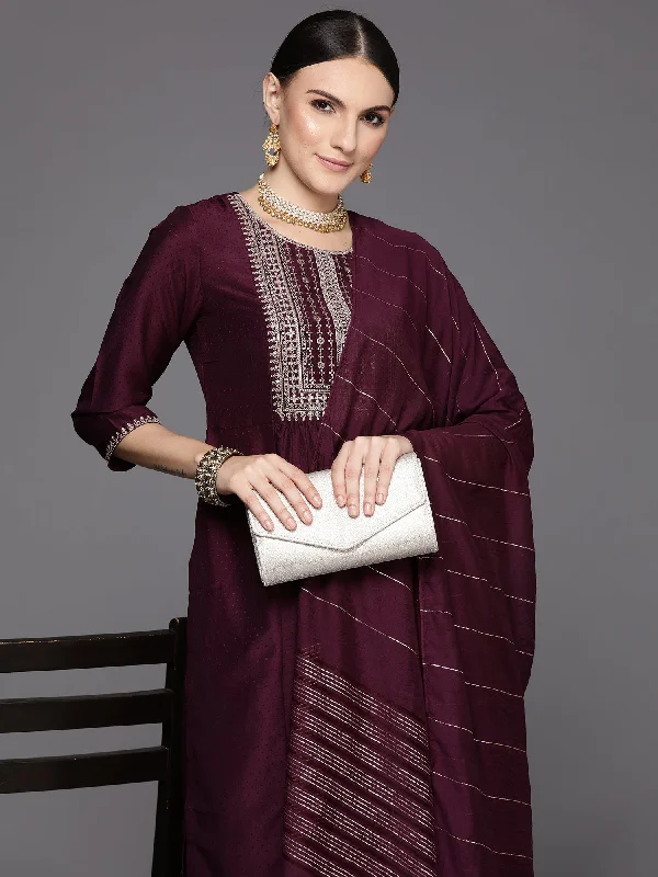 Women's Burgundy Embroidered A-Line Kurta Trousers With Dupatta Set - Indo Era Trousers stylish modern