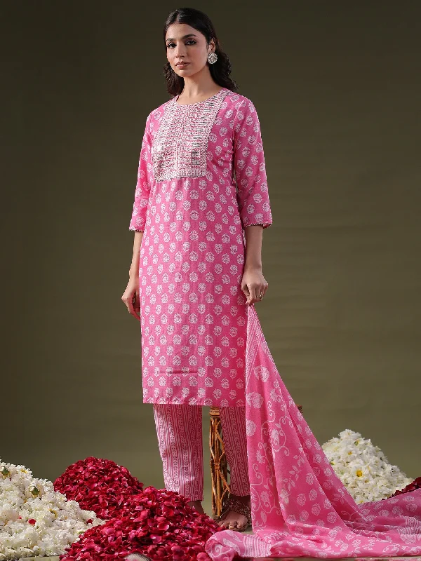 Women's Pink Printed Straight Kurta Trousers With Dupatta Set - Indo Era Trousers luxurious premium