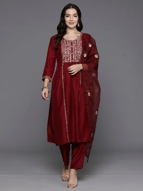 Women's Maroon Embroidered Straight Kurta Trousers With Dupatta Set - Indo Era Trousers Brand Named